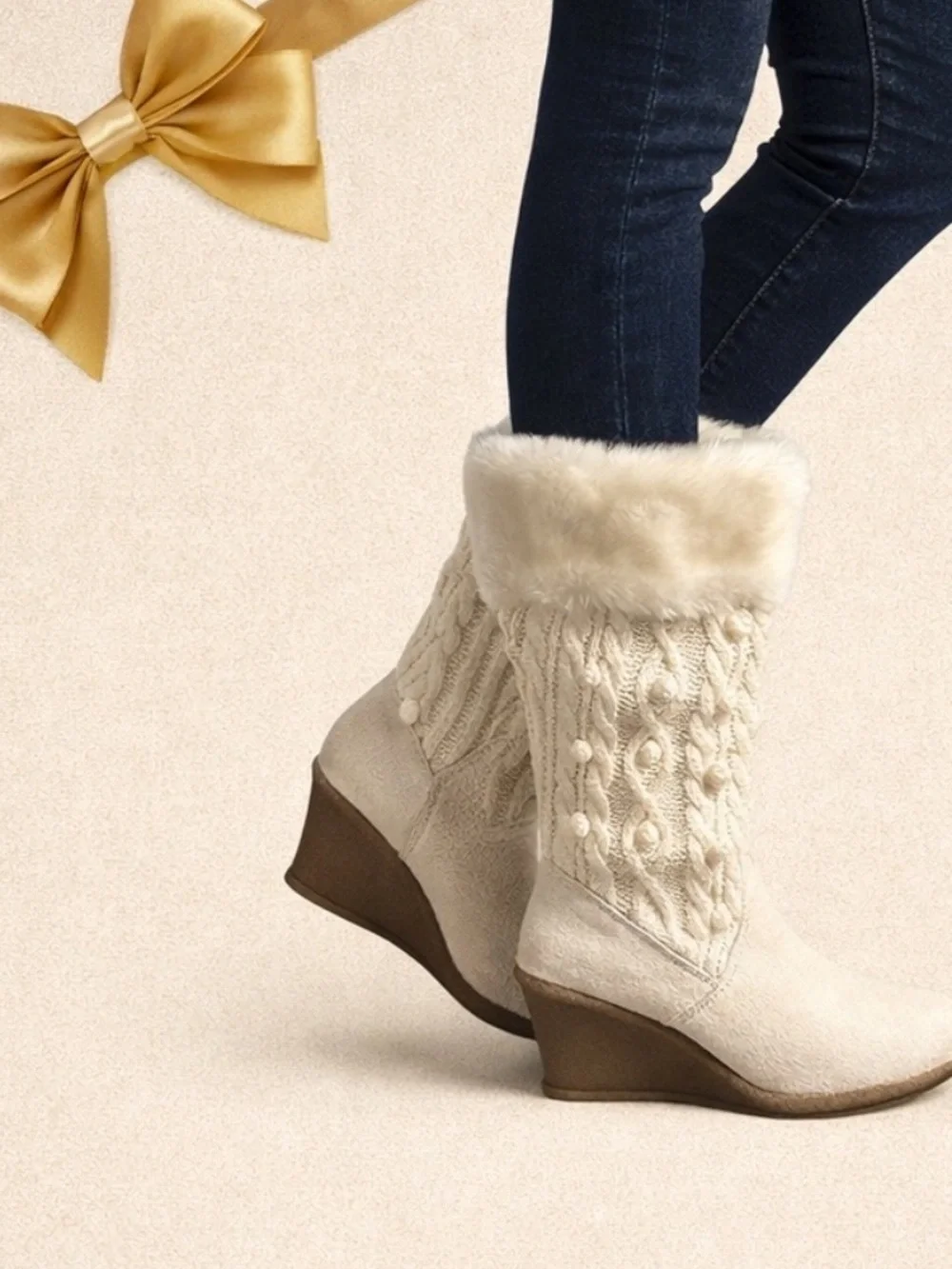 Decree White Cozy Knit Wedge Boots Faux Fur Trim Size 6 - Picture 1 of 8